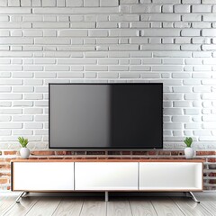 Poster - TV wide screen on the TV stand near white brick wall in living room. Front view. 3d illustration