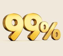 Sticker - 3d illustration of golden number 99 percent isolated on beige background with shadow