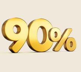 Wall Mural - 3d illustration of golden number 90 percent isolated on beige background with shadow