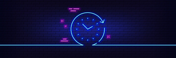 Neon light glow effect. Time change line icon. Clock sign. Watch symbol. 3d line neon glow icon. Brick wall banner. Time change outline. Vector