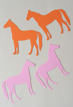 Two Orange And Two Pink Paper Horses On Blank Paper