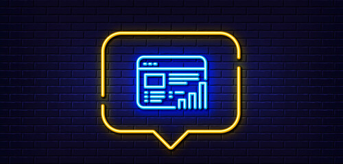 Wall Mural - Neon light speech bubble. Web report line icon. Column graph sign. Growth diagram symbol. Neon light background. Web report glow line. Brick wall banner. Vector