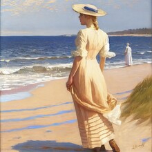 Woman Walking The Beach, Vintage, Classic Hats Dress Era Early 1900s Oil Paint.  Digital, Illustration, Painting, Artwork, Scenery, Backgrounds