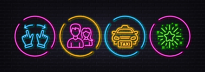 Poster - Taxi, Teamwork and Move gesture minimal line icons. Neon laser 3d lights. Twinkle star icons. For web, application, printing. Public transfer, Man with woman, Swipe. Best ranking. Vector