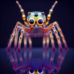 Sticker - Digital art of a red and yellow spider with large eyes and glowing legs on a reflective surface