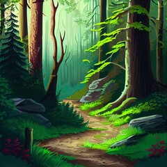 Wall Mural - Deep forest scene with trail in the woods illustration