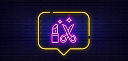 Wall Mural - Neon light speech bubble. Beauty salon line icon. Haircut scissors and lipstick sign. Makeup service symbol. Neon light background. Beauty glow line. Brick wall banner. Vector