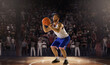 Mature muscular basketball player with tatto on professional court arena 3D rendering with ball
