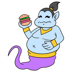 Sticker - Vector illustration of a cute cartoon character gyn eating a burger