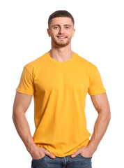 Wall Mural - Man wearing yellow t-shirt on white background. Mockup for design
