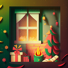 3d Layered Paper Craft Cut Illustration Of A Traditional Christmas Holiday Scene With Presents Spread Around The Decorated Tree In Front Of An Inviting Fireplace