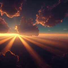 Canvas Print - Hyper realistic illustration of sun rays peeking through the floating clouds in the glowing sky