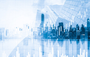 Financial graphs and digital indicators overlap with modernistic urban area, skyscrabber for stock market business concept. Double exposure.