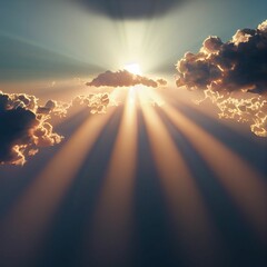 Canvas Print - Hyper realistic illustration of sun rays peeking through the floating clouds in the glowing sky