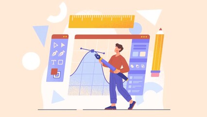Leinwandbilder - Graphic design studio video concept. Young moving male digital artist holds pen tool and draws curved lines in program or graphic editor. Creative painter or illustrator. Flat graphic animated cartoon