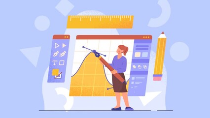 Leinwandbilder - Graphic design studio video concept. Moving girl digital artist or creative employee creating illustrations and paintings in graphic editor. Illustrator draws in program. Flat graphic animated cartoon