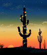 © Rob Goebel - A saguaro cactus in the desert is decorated like a Christmas tree in a 3-d illustration about celebrating the Xmas holiday in the western USA. The scene is set at dusk.