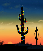 A Saguaro Cactus In The Desert Is Decorated Like A Christmas Tree In A 3-d Illustration About Celebrating The Xmas Holiday In The Western USA. The Scene Is Set At Dusk.