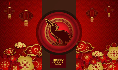 Luxury red gold greeting card chinese new year rabbit zodiac