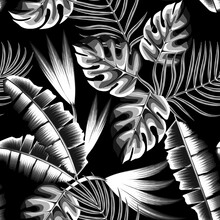 Gray Momochromatic Tropical Palm Leaves Seamless Pattern With Banana Monstera Leaf And Plants Foliage On Dark Background. Sketch Drawing. Vintage Style. Goof For Bedding, Textile, Fabric, Wallpaper.