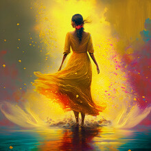 Woman In Yellow Dress Walking Through Water As Colors Fill The Air