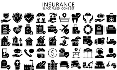 Insurance glyph icon set. Protection of health, life and property, transportation and more. use for modern concept, UI or UX kit, web, digital banner and app. vector EPS 10 ready convert to SVG.