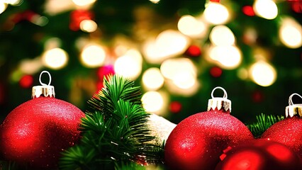 Poster - Christmas Tree In Red Shiny Background - Ornaments On Fir Branches With Glittering And Defocused Abstract Lights
