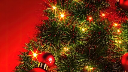 Poster - Christmas Tree In Red Shiny Background - Ornaments On Fir Branches With Glittering And Defocused Abstract Lights