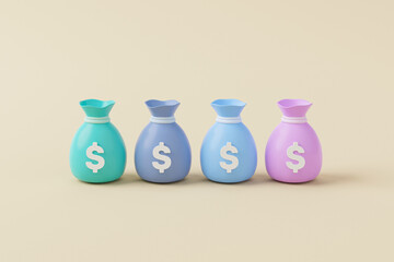 Wall Mural - Money bag with icon dollar currency on background. Save money and investment concept. 3d render illustration