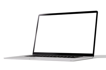 Poster - laptop mockup. Laptop in angled position with blank screen isolated on white background. Open laptop. copy space