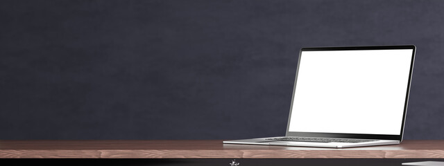 Poster - Laptop mockup on wooden table, dark grey wall. Side view open modern laptop mockup. Laptop with blank white screen mockup. wide web banner. 3d rendering