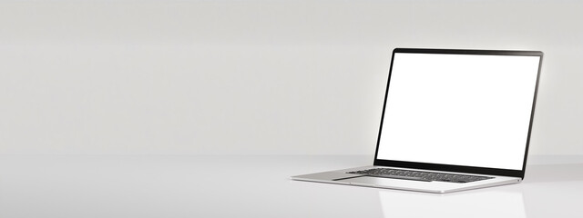 Poster - Laptop with blank screen on white table on grey background. Modern Laptop mockup. Wide web banner. copy space
