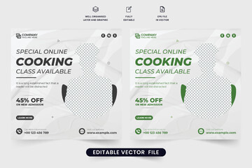 Wall Mural - Special cooking class social media marketing template design with dark and green colors. Culinary web banner design with photo placeholders. Cooking lesson advertisement poster template.