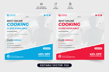 Wall Mural - Cooking training center promotional poster layout with photo placeholders. Modern chef training social media post vector for marketing. Online cooking class advertisement web banner design.