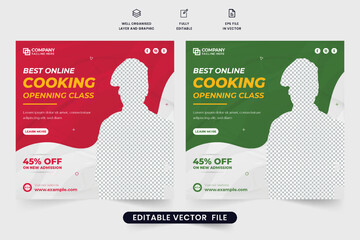 Wall Mural - Special cooking class promotional web banner design for digital marketing. Culinary class social media post vector for cooking training. Online cooking lesson poster design with yellow and blue colors