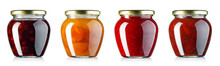 Collection Of Jam In Glass Jars With Metallic Lids Isolated On White