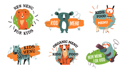 Wall Mural - Kids menu concept, cafe meal emblem design set