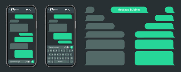 Realistic smartphone with messaging app. Blank SMS text frame. Conversation chat screen with green message bubbles. Social media application. Dark mode. Vector illustration