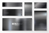 Realistic black metal banners collection. Brushed steel or aluminium plate, panel with screws. Polished metal surface. Old grunge texture with scratches. Vector illustration
