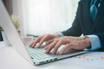Man is typing on laptop with business document, graph diagram. Man working from home. Home office.