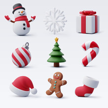 3D Collection Of Christmas Element, Merry Christmas And Happy New Year Greeting Concept.
