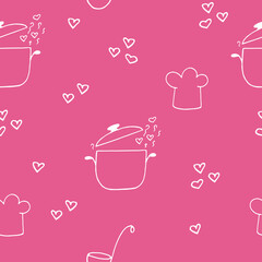 Wall Mural - saucepan and steam with hearts, chefs hat, ladle seamless pattern hand drawn in doodle style.