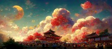 Ancient Chinese City. Lunar New Year. Fantasy Scenary