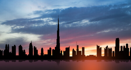 Wall Mural - United Arab Emirates, Dubai skyline view at sunset. UAE celebration. National day, Flag day, Commemoration day, Martyrs day.