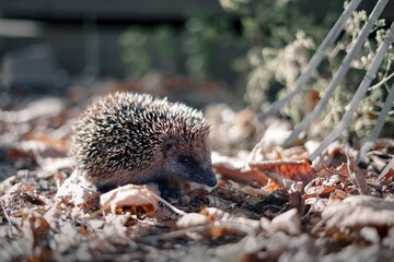 Poster - Closeup shot of a hedgehog on dried leaves in a garden