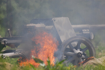 Wall Mural - Explosion and fire. WW2 reenacting. Kiev, Ukraine