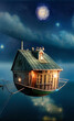 Starry sky night cartoon floating house above the ocean