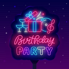 Wall Mural - Birthday party neon street billboard. Bright advertising. Gift box, music and drink glasses. Vector stock illustration