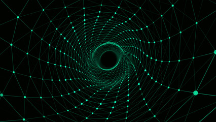 Poster - abstract dynamic wireframe tunnel on green background. deep wave wormhole. futuristic particle flow.