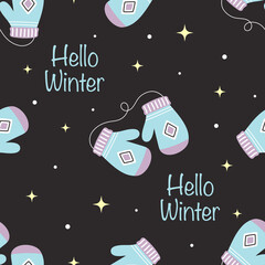 Wall Mural - winter seamless pattern with knitting mittens, flat style